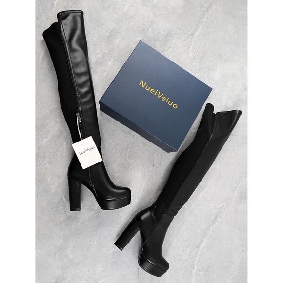 Women Black-sc-pu Synthetic Chunky Heel Side Zipper Thigh High Western Boots - Picture 6 of 8